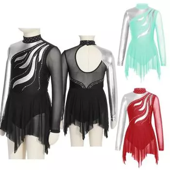 Детское стильное танцевальное платье для девочек с длинными рукавами-стойкой и круглым воротником со стразами и открытой спиной, платье для катания на коньках 5-6 Years чёрный