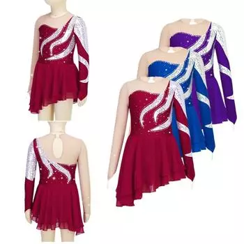 Детское танцевальное платье для девочек с пайетками и длинными рукавами, гимнастическое платье для фигурного катания 5-6 Years бордовый