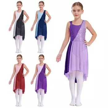 Детское танцевальное платье контрастного цвета без рукавов с круглым вырезом и блестящими пайетками, украшенное неровным подолом 5-6 Years