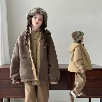 Детское теплое пальто осень-зима новый стиль плюс бархат двухстороннее овечья шерсть детское хлопковое пальто 120cm хаки