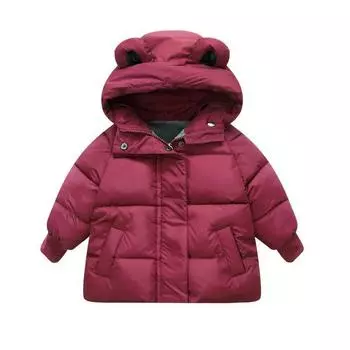 Детское теплое пальто. Зимняя куртка с капюшоном и ушками. 110