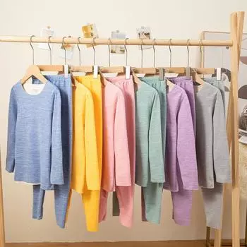 Детское термобелье, бесшовный костюм, цветная рубашка с длинными рукавами для мальчиков и девочек, двухсторонняя бархатная осенняя одежда, длинные брюки 160 синий