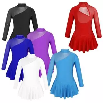 Детское трико для фигурного катания на коньках для девочек, платье с воротником-стойкой и длинными рукавами, униформа для выступлений, танцевальная одежда 3-4 Years чёрный