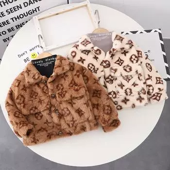 Детское утолщенное хлопковое пальто, зимний меховой теплый топ для девочек, детский свитер 90cm коричневый