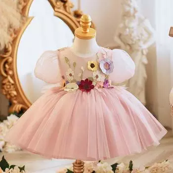 Детское вечернее платье для крещения на день рождения, платье с бантом и цветочным принтом для маленьких девочек, пышные рукава, бальное платье, элегантный костюм, Vestidos 18M розовый