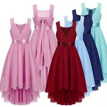 Детское вечернее платье с блестками и рюшами для девочек, шифоновое платье без рукавов с высоким и низким подолом на свадьбу, день рождения 3-4 Years розовый