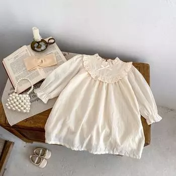 Детское вышитое платье с длинными рукавами для девочек, однотонная юбка, милая одежда с воротником-оборкой для девочек, bafanou 22385 90cm(18-24M) бежевый