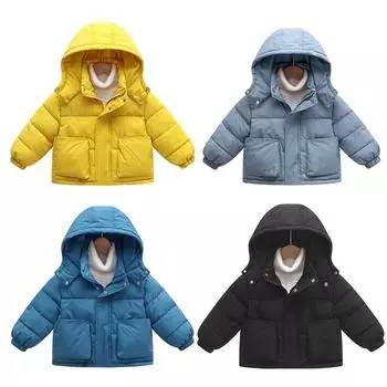 Детское зимнее пальто с капюшоном, большой карман, однотонная куртка на молнии 120