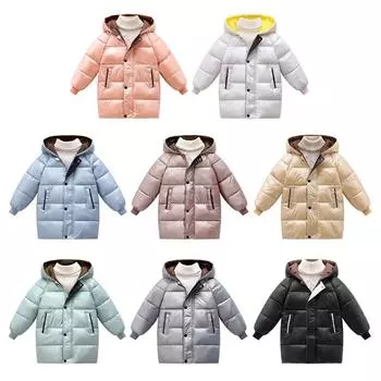Детское зимнее теплое длинное пальто для детей 2-8 лет, детская ветровка на молнии с капюшоном, пуховик 110