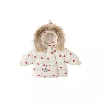 Детское зимнее теплое пальто для девочек с принтом грибов, зимняя куртка-пуховик с меховым воротником и капюшоном 80