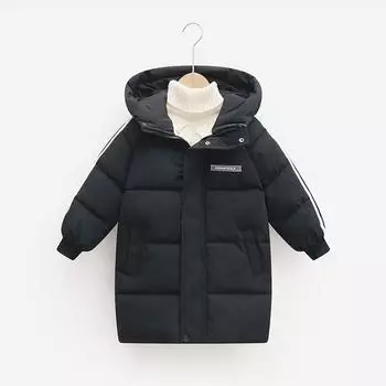 Детское зимнее утепленное пальто с буквенным принтом, хлопковая куртка для мальчиков, возраст 3-10 лет, длинное пальто на молнии для девочек 150cm чёрный