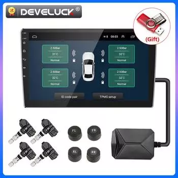 Develuck USB Android Беспроводная система контроля давления в шинах TPMS для автомобильного радионавигатора 4 внешних внутренних датчика для шин Сигнализация External sensor