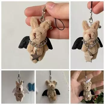 Devil Rabbit Rabbit Phone Charm Wings Star Mobile Phone Chain Plush Rabbit Keychains Women Girl white buckle