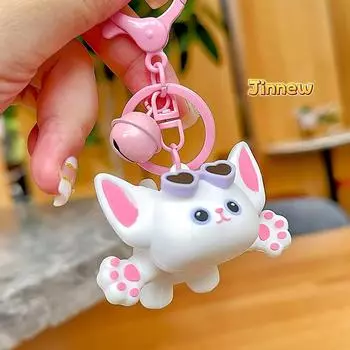 Devon Rex With Glasses Hats Keychain Cat Keyring Backpack Pendant Gift Kids White Lying