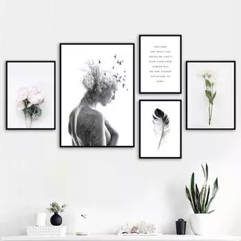 Дева цветок птица перо пейзаж скандинавский холст масляная живопись печать гостиная спальня настенное украшение живопись 21*30cm No Frame