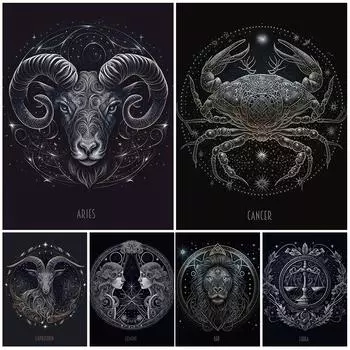 Дева, Весы, Рак, Овен, Близнецы Двенадцать созвездий, настенная живопись на холсте, созвездия, астрология, художественные плакаты и печать, украшение для дома 21cm30cm NoFrame