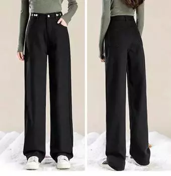 Девичьи толстые джинсы из денима на флисовой подкладке, стройнящие и облегающие бедра, свободного прямого кроя, широкие штанины, длиной до пола для осени/зимы. S