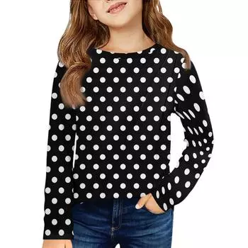 Девичья футболка с длинным рукавом - Плиссированный круглый вырез, повседневный топ 110 чёрный