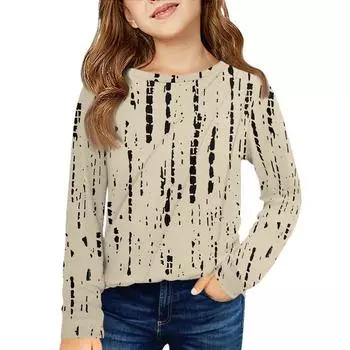 Девичья футболка с длинным рукавом - Плиссированный круглый вырез, повседневный топ 110 бежевый