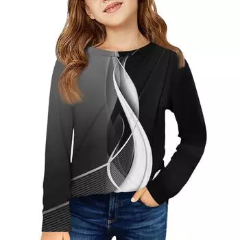 Девичья футболка с длинным рукавом - Плиссированный круглый вырез, повседневный топ 160 чёрный