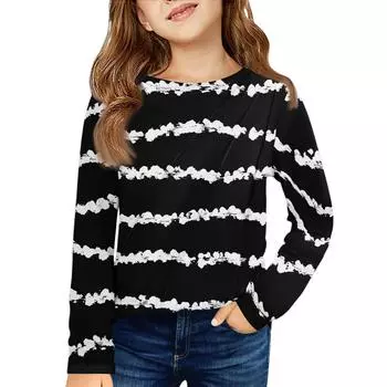 Девичья футболка с длинным рукавом - Плиссированный круглый вырез, повседневный топ 110 чёрный