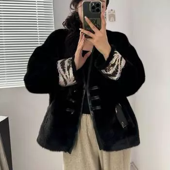 Девочка новая пряжка черная экологически чистая имитация норки куртка дизайн смысл маленькая женщина зима one size fits all чёрный