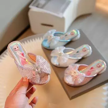 Девочка, Туфли принцессы, Лето, Девочка, Бант, Стразы, Блеск, Тапочки, Открытый носок, Верхняя одежда 26 синий