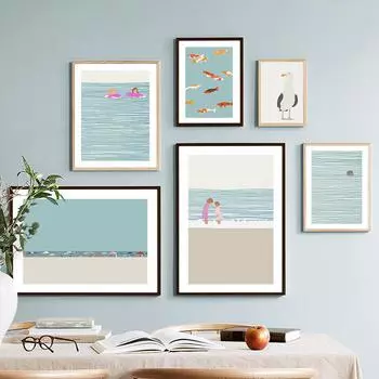 Девочка Тюлень Золотая рыбка Чайка Плакаты Печать Скандинавская Картина на холсте Мультфильм Современное настенное искусство Картины Детская комната Домашний декор 21X30cm No Frame