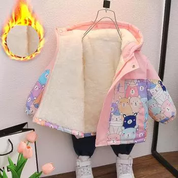 Девочки 2024 Осень Зима Дети Хлопок Бархат Утолщенный Капюшон Ветровка Дети Парки 90cm розовый