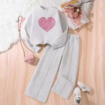 Девочки 6-14 лет Утепленный костюм Детская одежда Новые детские среднего и большого размера Осень-зима Длинные рукава + свитер Широкие брюки 130cm/8Y красный