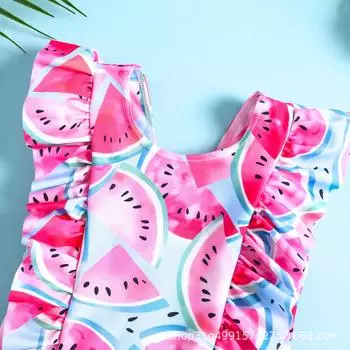 Девочки Арбузный Купальник Слитный с Рюшами и Рукавами-Буфами и Защитой от Солнца 110 розовый