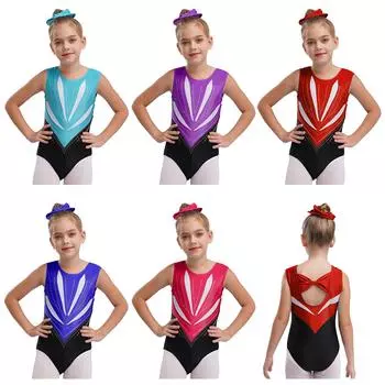 Девочки балет джаз гимнастический купальник цветные блоки пэчворк без рукавов бант вырез сзади блестящие стразы боди танцевальная одежда 5-6 Years фиолетовый