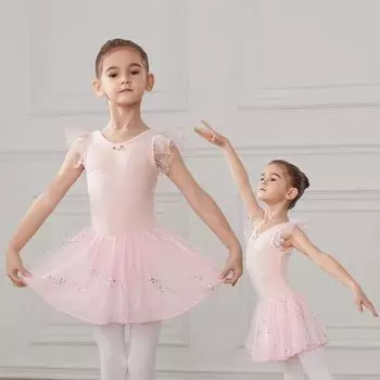 Девочки Блестки Леотарды для Балета Танцевальное Платье Пачка Балетная Юбка Рукава с Рюшами Балетное Платье Гимнастический Боди 110 чёрный