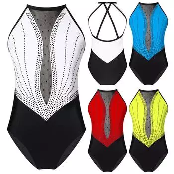 Девочки блестящие стразы полые спинки купальник сетчатые пэчворк бретели без рукавов танцевальный костюм 5-6 Years белый