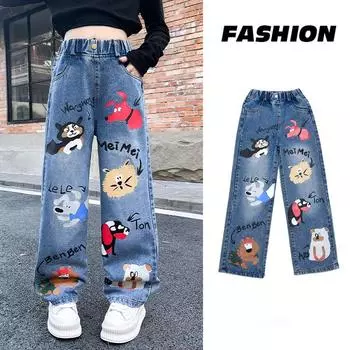 Девочки Blue Street Cartoon Print Эластичные джинсы средней талии Свободные джинсы из денима Весенняя мода Дети Симпатичные широкие брюки 170cm синий