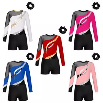 Девочки Дети Блестки Металлический Гимнастический Купальник с Шортами Танцевальный Комбинезон Бикетард Одежда Для Танцев 5-6 Years горячий розовый/чёрный