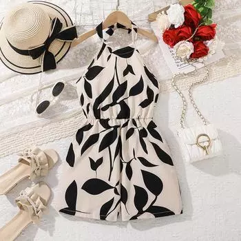 Девочки Детская одежда Летние принтованные комбинезоны с халтернеем и шнуровкой Подростковый комбинезон с открытой спиной 9Y чёрный