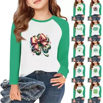Девочки Длинный рукав St. Футболки ко Дню Святого Патрика, детские осенние топы, базовые футболки с круглым вырезом, 5–14 лет 10 циан