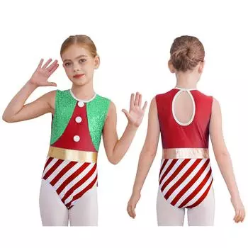 Девочки Джаз Латиноамериканские Танцы Купальник Гимнастический Комбинезон Санта-Эльф Рождественский Костюм Новогодний Костюм С Открытой Спиной Блестки Комбинезон 3-4 Years зелёный