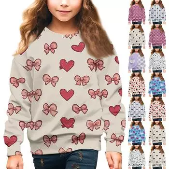 Девочки Круглый вырез Пуловеры для детей День святого Валентина Печатные топы 100 бежевый