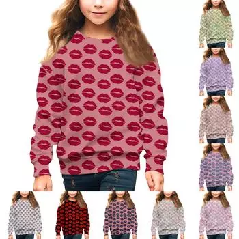 Девочки Круглый вырез Пуловеры для детей День святого Валентина Печатные топы 100 бежевый