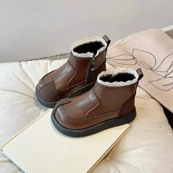 Девочки Кружевной край Кожаные ботинки Зима Осень Детская теплая мягкая хлопковая обувь Маленькая принцесса Мода Дизайн боковой молнии Ботинки с высоким берцем 23 insole 14.5cm коричневый
