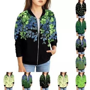 Девочки куртки на молнии детские осенние толстовки с длинным рукавом верхняя одежда с карманами St. День Святого Патрика 5-15 лет 160