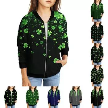 Девочки куртки на молнии детские осенние толстовки с длинным рукавом верхняя одежда с карманами St. День Святого Патрика 5-15 лет 140 циан