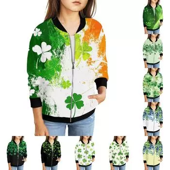 Девочки куртки на молнии детские осенние толстовки с длинным рукавом верхняя одежда с карманами St. День Святого Патрика 5-15 лет 120 зелёный