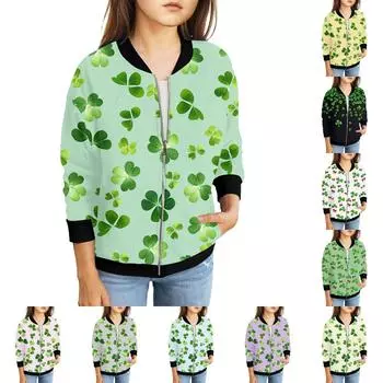 Девочки куртки на молнии детские осенние толстовки с длинным рукавом верхняя одежда с карманами St. День Святого Патрика 5-15 лет 110