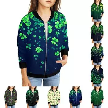 Девочки куртки на молнии детские осенние толстовки с длинным рукавом верхняя одежда с карманами St. День Святого Патрика 5-15 лет 120