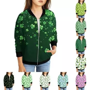 Девочки куртки на молнии детские осенние толстовки с длинным рукавом верхняя одежда с карманами St. День Святого Патрика 5-15 лет 140