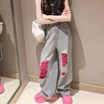 Девочки Мода Бабочка Распыление Джинсовые Широкие Брюки Высокая Талия Корейский Стиль Длинные Джинсы Подростковые Брюки 110 розовый