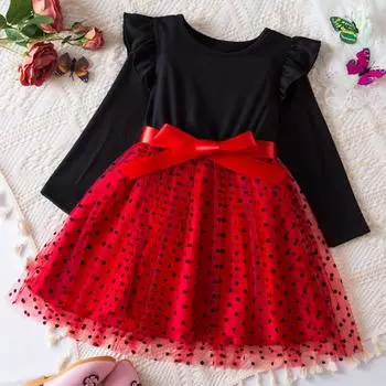 Девочки Мода Милые Платья Принцессы с Длинным Рукавом и Рукавами-Фонариками в Сетку в Горошек Платья 7Y